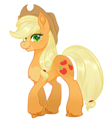 Size: 3371x3668 | Tagged: safe, artist:noctivage, applejack, earth pony, g4, apple, ear fluff, food, freckles, hat, hoof fluff, looking at you, raised hoof, simple background, smiling, smiling at you, solo, transparent background