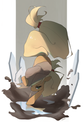 Size: 2800x4114 | Tagged: safe, artist:inori7596, applejack, earth pony, pony, abstract background, female, fence, mare, mud, solo, water