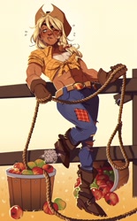 Size: 1936x3120 | Tagged: safe, artist:marshiroart, applejack, human, g4, apple, applejack's hat, basket, belt, boots, clothes, cowboy hat, denim, emanata, female, fence, food, freckles, front knot midriff, gloves, grass, hairband, hat, jeans, lasso, midriff, muscles, muscular female, pants, plewds, ripped pants, rope, shoes, solo, sweat, torn clothes, watermark