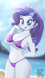 Size: 1670x2904 | Tagged: safe, artist:theretroart88, rarity, human, equestria girls, g4, anime style, beach, beauty mark, belly button, big breasts, bikini, blushing, breasts, clothes, hand behind back, looking at you, ocean, open mouth, open smile, smiling, sunlight, swimsuit, water