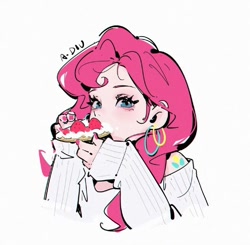 Size: 1024x1002 | Tagged: safe, artist:一只丢-有课, pinkie pie, human, equestria girls, g4, bust, cream, ear piercing, earring, eating, food, jewelry, pastry, piercing, portrait, simple background, solo, strawberry, white background