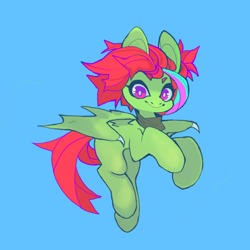 Size: 850x850 | Tagged: safe, artist:cutesykill, oc, oc only, oc:enokai, bat pony, pony, bandana, bat pony oc, big ears, big eyes, blank flank, blue background, claws, colored eyebrows, commission, eyebrows, eyebrows visible through hair, female, green coat, looking at you, mare, multicolored mane, neckerchief, purple eyes, raised hooves, red mane, red tail, saturated, simple background, smiling, smiling at you, solo, spiky mane, spiky tail, spread wings, tail, thick eyelashes, two toned eyes, wing claws, wingding eyes, wings