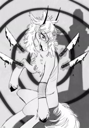 Size: 1668x2388 | Tagged: safe, artist:soudooku, oc, oc only, demon, demon pony, pony, unicorn, black and white, blood, commission, creepy, creepy smile, creepypasta, grave, graveyard, grayscale, horn, knife, monochrome, piercing, smiling, solo