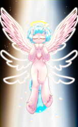 Size: 1100x1798 | Tagged: safe, artist:ohnancy, cozy glow, pegasus, pony, g4, beam of light, eyes closed, female, filly, foal, halo, solo, spread wings, wings