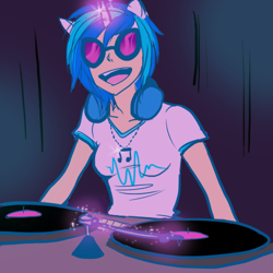 Size: 500x500 | Tagged: artist needed, safe, dj pon-3, vinyl scratch, human, unicorn, g4, glasses, glowing, glowing horn, headphones, horn, humanized, magic, open mouth, record, turntable