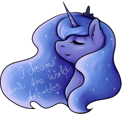Size: 2025x1884 | Tagged: safe, artist:coco-drillo, princess luna, alicorn, pony, g4, ear fluff, eyes closed, flowing mane, night, night sky, quote, simple background, sky, solo, transparent background, warcraft, world of warcraft, ysera