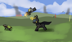 Size: 1989x1163 | Tagged: safe, artist:neuro, oc, oc only, oc:filly anon, pony, unicorn, female, filly, gun, helldivers 2, horn, magic, telekinesis, weapon