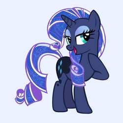 Size: 640x640 | Tagged: safe, alternate version, artist:cinnaminnow, princess luna, rarity, pony, unicorn, g4, eyeshadow, female, hoof on neck, horn, lidded eyes, makeup, open mouth, open smile, palette swap, recolor, simple background, smiling, solo, white background
