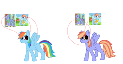 Size: 640x336 | Tagged: safe, artist:whereismypurpose2, bow hothoof, rainbow dash, windy whistles, pegasus, pony, g4, alternate color palette, alternate design, female, male, missing cutie mark, palette swap, parents and child, recolor, reverse colors, simple background, smiling, white background