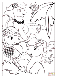 Size: 615x836 | Tagged: safe, bird, earth pony, pony, seahorse, g2, beach, coloring page, female, flower, flower in hair, flower on ear, gif, hoof hold, lei, lineart, mare, non-animated gif, ocean, open mouth, open smile, palm tree, smiling, tennis racket, tree, trio, unknown pony, water