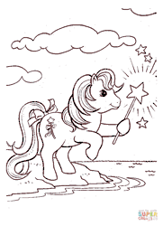 Size: 650x899 | Tagged: safe, magic star, earth pony, pony, g1, bipedal, bow, cloud, coloring page, female, gif, hoof hold, mare, non-animated gif, rearing, tail, tail bow, wand, water
