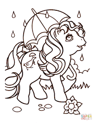 Size: 672x869 | Tagged: safe, baby quackers, earth pony, pony, g1, coloring page, female, filly, first tooth pony, flower, foal, gif, non-animated gif, open mouth, open smile, rain, smiling, solo, tooth, umbrella
