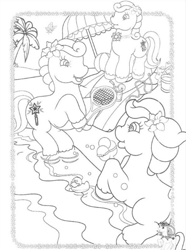 Size: 443x596 | Tagged: safe, baby fern, princess trixiebelle, butterfly, earth pony, pony, g2, baby giggles, baby wiggles, beach, coloring page, female, filly, flower, flower on ear, foal, food, ice cream, lineart, palm tree, rearing, rubber duck, sparkly eyes, tennis racket, tree, trio, trio female, umbrella, unknown pony, wingding eyes