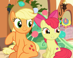 Size: 973x775 | Tagged: safe, screencap, apple bloom, applejack, earth pony, pony, unicorn, g4, hearthbreakers, adorabloom, apple sisters, cropped, cute, duo focus, glowing, glowing horn, hat, horn, jackabetes, magic, magic aura, reading, siblings, sisters, sitting, smiling