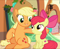 Size: 969x799 | Tagged: safe, screencap, apple bloom, applejack, earth pony, pony, g4, hearthbreakers, apple sisters, cropped, duo, siblings, sisters, sitting, smiling, solo