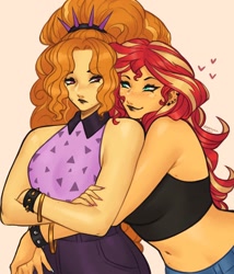 Size: 1980x2308 | Tagged: safe, artist:nire, adagio dazzle, sunset shimmer, equestria girls, g4, bare shoulders, bedroom eyes, blushing, bracelet, breasts, crossed arms, duo, duo female, ear piercing, earring, eye contact, eyeshadow, female, floating heart, freckles, heart, hug, hug from behind, jewelry, lesbian, lipstick, looking at each other, looking at someone, makeup, peppered bacon, piercing, ship:sunsagio, shipping, sleeveless, small breasts, spiked headband, spiked wristband, tsundere, wristband