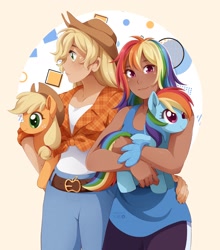 Size: 1805x2048 | Tagged: safe, artist:applesartt, applejack, rainbow dash, human, pony, g4, abstract background, applejack plushie, applejack's hat, cowboy hat, dark skin, duo, duo female, female, freckles, hat, human coloration, lesbian, looking at you, plushie, pony plushie, rainbow dash plushie, ship:appledash, shipping, smiling, smiling at you