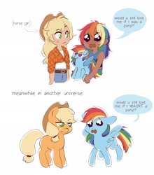 Size: 1805x2048 | Tagged: safe, artist:applesartt, applejack, rainbow dash, earth pony, human, pegasus, pony, g4, applejack's hat, arrow, cowboy hat, dark skin, dialogue, duo, duo female, eye clipping through hair, eyebrows, eyebrows visible through hair, female, hairband, hat, humanized, lesbian, mare, meme, parallel universe, plushie, pony plushie, rainbow dash plushie, sad, ship:appledash, shipping, simple background, speech bubble, spread wings, tail, tail band, white background, wings
