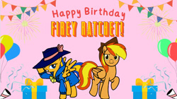 Size: 956x536 | Tagged: safe, artist:noi kincade, oc, oc only, oc:firey ratchet, oc:flare spark, pegasus, pony, g4, balloon, clothes, detective, duo, fedora, female, happy birthday, hat, male, present, trenchcoat