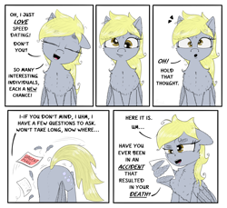 Size: 2500x2286 | Tagged: safe, artist:chopsticks, derpy hooves, pegasus, pony, g4, butt fluff, butt shake, cheek fluff, chest fluff, comic, cute, date, dating, derpabetes, derpy being derpy, dialogue, ear fluff, envelope, eyebrows, eyebrows visible through hair, eyes closed, face down ass up, feather, female, fluffy, head tilt, looking at you, mail, mare, offscreen character, one ear down, open mouth, reading, silly, silly pony, simple background, smiling, stray strand, stuttering, talking to viewer, text, wing hold, wings