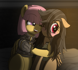 Size: 3960x3528 | Tagged: safe, artist:undisputed, oc, oc only, oc:dahlia do, oc:strix plume, pegasus, pony, armor, bed, bedsheets, blushing, duo, female, hug, long hair, mare, pegasus oc, smiling