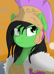 Size: 819x1120 | Tagged: safe, artist:minecake, oc, oc only, oc:filly anon, earth pony, pony, armor, bust, female, filly, helmet, portrait, royal guard, solo, sunset