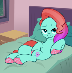 Size: 2374x2410 | Tagged: safe, artist:shieldwingarmorofgod, jazz hooves, earth pony, g4, g5, bedroom, bedroom eyes, draw me like one of your french girls, female, g5 to g4, generation leap, hoof on belly, smiling, solo