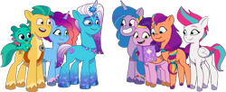 Size: 1894x772 | Tagged: safe, edit, edited screencap, editor:pascalmulokozi2, screencap, comet (g5), hitch trailblazer, izzy moonbow, misty brightdawn, pipp petals, sparky sparkeroni, sunny starscout, zipp storm, auroricorn, dragon, earth pony, pegasus, pony, unicorn, crystal ball (episode), g5, my little pony: tell your tale, spoiler:g5, spoiler:my little pony: tell your tale, spoiler:tyts01e68, background removed, female, hitch is tall, horn, izzy is tol, male, mane five, mane seven (g5), mane six (g5), mane stripe sunny, mare, not a vector, pipp is short, rebirth misty, simple background, stallion, sunny is tall, transparent background, zipp is tall