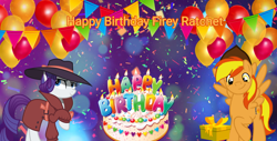 Size: 1518x772 | Tagged: safe, artist:lizzmcclin, rarity, oc, oc:firey ratchet, pegasus, pony, unicorn, g4, balloon, birthday cake, cake, clothes, detective rarity, fedora, female, food, happy birthday, hat, horn, male, trenchcoat