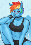 Size: 1754x2480 | Tagged: safe, artist:nire, rainbow dash, anthro, g4, alternate hairstyle, ambiguous facial structure, bandaid, bandaid on nose, belly button, bracelet, breasts, choker, cleavage, clothes, compression shorts, ear piercing, earring, eyeshadow, female, jewelry, lipstick, makeup, muscles, piercing, short hair, sitting, small breasts, smiling, solo, sports bra, studded bracelet, tank top, wings