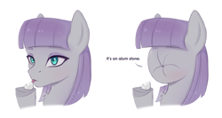 Size: 2384x1270 | Tagged: safe, artist:tanatos, maud pie, earth pony, pony, 2 panel comic, bust, comic, female, food, lemon, portrait, pucker, puckered face, scrunchy face, silly, silly pony, simple background, sketch, solo, stone, tongue out, white background