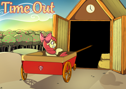Size: 4092x2893 | Tagged: safe, artist:natt333, apple bloom, earth pony, pony, fanfic:time out, g4, apple, apple cart, apple tree, author:shakespearicles, barn, bow, bowtie, building, clock, closed mouth, clothes, cloud, cover art, cutie mark, dawn, door, doors, eyebrows, eyelashes, eyes open, fanfic art, fear, female, filly, foal, food, fruit, gritted teeth, ground, hay, hay bale, high res, horrified, implied foalcon, implied incest, implied unbirthing, logo, nostrils, number, open door, outdoors, rope, scared, shakespearicles, shield, signature, sky, solo, stars, sun, sunrise, sweet apple acres, teeth, terrified, text, title, tree, wagon, wall of tags, wheel