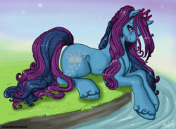 Size: 757x558 | Tagged: safe, artist:silvermoonbreeze, princess silver rain, earth pony, pony, g2, 2012, female, grass, jewelry, looking at you, lying down, mare, prone, river, solo, tiara, unshorn fetlocks, water
