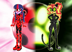 Size: 2084x1500 | Tagged: safe, artist:machakar52, sci-twi, sunset shimmer, twilight sparkle, human, equestria girls, g4, adrien agreste, alternate hairstyle, animal costume, bodysuit, boots, cat costume, cat ears, cat noir, cat tail, chat noir, clothes, cosplay, costume, crossover, hand on hip, jacket, ladybug (miraculous ladybug), ladybug costume, looking at each other, looking at someone, marinette dupain-cheng, mask, miraculous ladybug, open mouth, open smile, pigtails, ponytail, shoes, smiling, tail