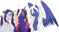 Size: 900x497 | Tagged: safe, artist:silvermoonbreeze, oc, oc only, oc:moonbreeze, oc:soleste, oc:starlight (silvermoonbreeze), pegasus, pony, unicorn, 2014, coat markings, ears back, eyes closed, facial markings, female, horn, looking at you, male, mare, nervous, nervous smile, nose cutie mark, partially open wings, pegasus oc, simple background, smiling, stallion, star (coat marking), sweat, sweatdrop, unamused, unicorn oc, white background, wings