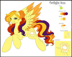 Size: 600x474 | Tagged: safe, artist:silvermoonbreeze, oc, oc only, oc:twilight sun, pegasus, pony, coat markings, color palette, colored wings, colored wingtips, facial markings, female, flying, looking at you, mare, reference sheet, simple background, solo, spread wings, star (coat marking), white background, wings