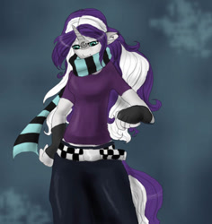 Size: 507x537 | Tagged: safe, artist:silvermoonbreeze, oc, oc only, oc:moonbreeze, unicorn, anthro, 2010, 30 minute art challenge, belt, blue background, clothes, facial markings, female, fingerless gloves, gloves, hand on hip, horn, scarf, shirt, simple background, solo, striped scarf, t-shirt