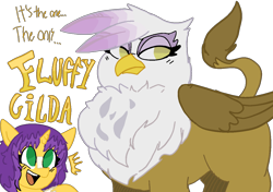 Size: 1298x912 | Tagged: safe, gilda, oc, oc:innocent sun, griffon, pony, unicorn, g4, blush lines, blushing, chest fluff, chubby, chubby cheeks, digital art, duo, duo female, fat, female, fluffy, gildough, horn, looking at someone, looking offscreen, simple background, smiling, transparent background
