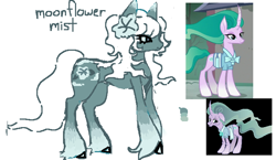 Size: 688x398 | Tagged: safe, artist:junniepiepoopop, screencap, mistmane, oc, oc only, oc:moonflower mist, earth pony, pony, unicorn, campfire tales, g4, coat markings, color palette, colored eartips, colored hooves, concave belly, descendant, earth pony oc, eye clipping through hair, flower, flower on ear, frown, gray coat, gray eyes, horn, long legs, long mane, long tail, narrowed eyes, profile, shiny hooves, simple background, slender, socks (coat markings), solo, standing, tail, text, thin, thin legs, unshorn fetlocks, vector, wavy mane, wavy tail, white background, white mane, white tail
