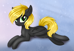 Size: 2269x1561 | Tagged: safe, artist:queenofsilvers, oc, oc only, oc:zafareon, bat pony, pony, bat pony oc, bat wings, chest fluff, commission, concave belly, ear fluff, eye clipping through hair, eyebrows, eyebrows visible through hair, female, folded wings, looking at you, lying down, mare, prone, signature, smiling, smiling at you, solo, tail, wings