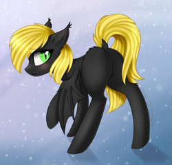 Size: 1489x1432 | Tagged: safe, artist:queenofsilvers, oc, oc only, oc:zafareon, bat pony, pony, bat ears, bat pony oc, bat wings, blushing, butt, butt fluff, commission, dock, ear fluff, ear tufts, eye clipping through hair, eyebrows, eyebrows visible through hair, featureless crotch, female, leg fluff, looking at you, looking back, looking back at you, mare, plot, raised hoof, signature, slit pupils, smiling, smiling at you, solo, spread wings, tail, wings, wings down