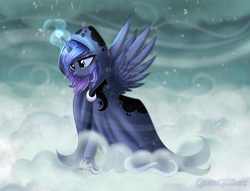 Size: 2222x1700 | Tagged: safe, artist:queenofsilvers, princess luna, spirit of hearth's warming yet to come, alicorn, pony, a hearth's warming tail, g4, blizzard, cloak, clothes, eye clipping through hair, eyebrows, eyebrows visible through hair, female, glowing, glowing horn, hoof shoes, hooves, horn, magic, magic aura, mare, outdoors, princess shoes, signature, snow, snowfall, solo, spread wings, wind, wings