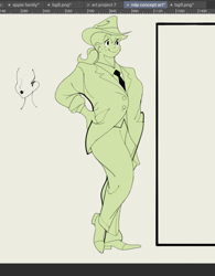 Size: 1088x1396 | Tagged: safe, artist:bixels, applejack, human, the grand galloping 20s, g4, clothes, fedora, female, green background, hand on hip, hat, humanized, monochrome, necktie, simple background, smiling, solo, suit, wip