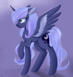 Size: 1405x1477 | Tagged: safe, artist:queenofsilvers, princess luna, alicorn, pony, g4, chest fluff, ear fluff, female, heart, heart eyes, horn, leg fluff, mare, profile, raised hoof, s1 luna, side view, signature, solo, spread wings, style emulation, tail, wingding eyes, wings