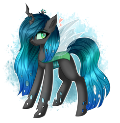 Size: 1665x1700 | Tagged: safe, artist:queenofsilvers, queen chrysalis, changeling, changeling queen, g4, cute, cutealis, ear fluff, eye clipping through hair, eyebrows, eyebrows visible through hair, female, hair over one eye, heart, horn, looking at you, one eye closed, signature, slit pupils, smiling, smiling at you, solo, tail, wings