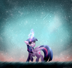 Size: 1805x1700 | Tagged: safe, artist:queenofsilvers, twilight sparkle, alicorn, pony, g4, ear fluff, eye clipping through hair, eyebrows, eyebrows visible through hair, female, folded wings, glowing, glowing horn, grass, heart, heart eyes, horn, looking up, magic, magic aura, mare, night, night sky, outdoors, raised hoof, raised leg, signature, sky, solo, standing on two hooves, stars, tail, twilight sparkle (alicorn), wingding eyes, wings