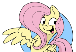 Size: 975x663 | Tagged: safe, artist:doodledonutart, fluttershy, pegasus, pony, g4, chest fluff, female, mare, one wing out, open mouth, open smile, simple background, smiling, solo, white background, wings