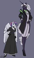 Size: 3500x6000 | Tagged: safe, artist:stardustspix, oc, oc:violet corona, oc:welkin wisp, pegasus, unicorn, anthro, absurd resolution, clipped wings, clothes, collar, colored eyebrows, colored eyelashes, colored pupils, dress, duo, female, gloves, height difference, high heels, horn, jewelry, maid, mare, ponytail, shoes, simple background, sternocleidomastoid, tall, wings