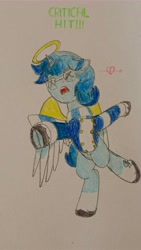 Size: 2592x4608 | Tagged: safe, artist:radiant windstar, oc, oc only, oc:radiant windstar, alicorn, angel, angel pony, original species, clothes, critical hit, halo, heartbreak, scarf, solo, spread wings, three toned wings, traditional art, wings