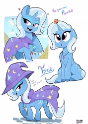 Size: 1448x2048 | Tagged: safe, artist:mar0x8, trixie, butterfly, pony, unicorn, :o, cape, clothes, female, hat, heart, horn, mare, open mouth, open smile, sitting, smiling, trixie's cape, trixie's hat